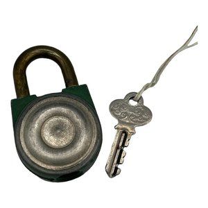 Vintage Green and Silver Color Padlock with Original Rusty Key Works Well